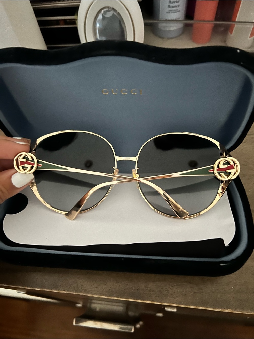 Gucci Gold Frame Black Lens Women's Round Aviator Sunglasses with GG Temples
